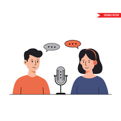 Podcast Interview: Two People Discussing on Microphone, Communication Concept Illustration Flat vector illustration