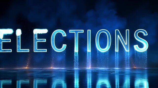 Glowing word ELECTIONS with fireworks and blue smoke on dark background. Concept of voting day, political announcement, democratic process, public event celebration