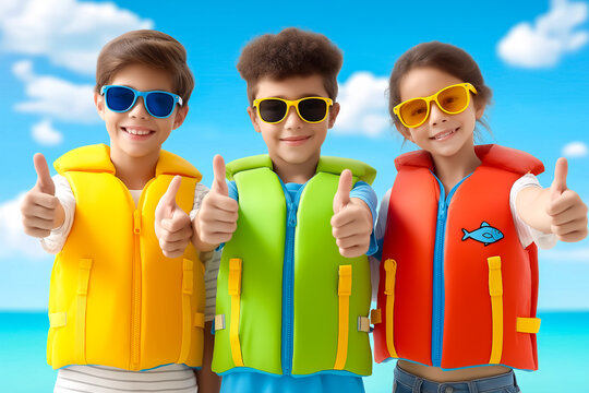 Three children smiling and giving thumbs up wearing vibrant life jackets. Bright blue sky and ocean in the background create a fun summer atmosphere - Powered by Adobe