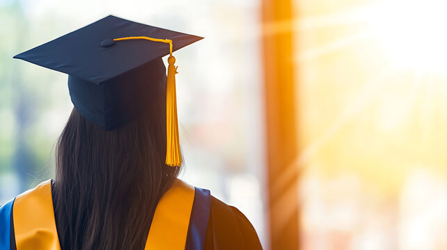 Graduate in cap and gown, symbolizing academic achievement. Celebrating a milestone in education, with a hopeful future ahead. Bright future.