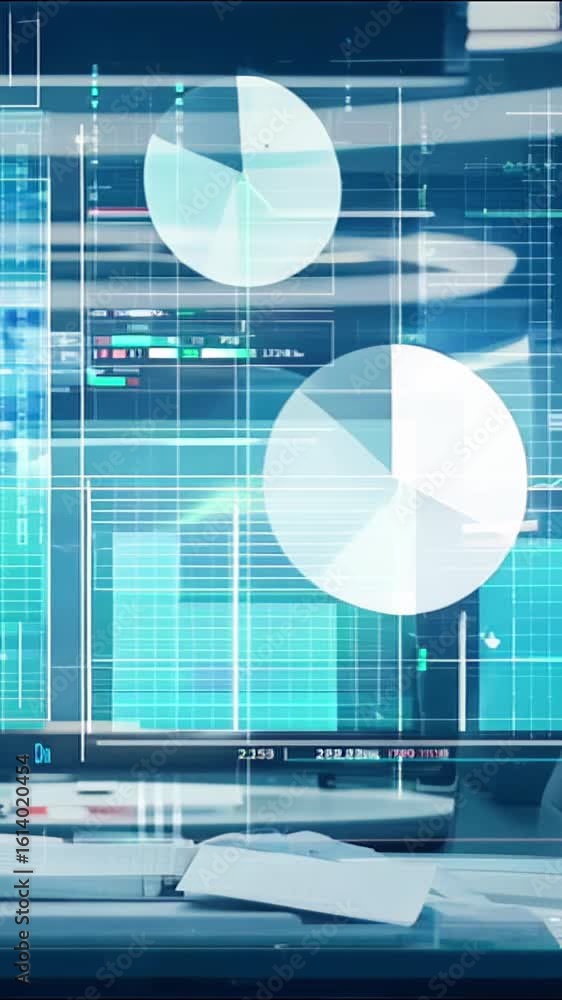 Poster futuristic animation of digital data on high-tech display in modern office environment. concept of t