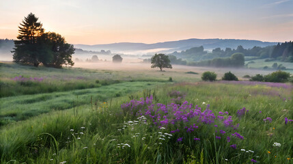 Fototapeta premium A misty meadow with wildflowers at sunrise in the countryside