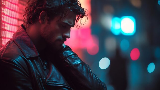 Fashionable man posing at night with neon lights in background