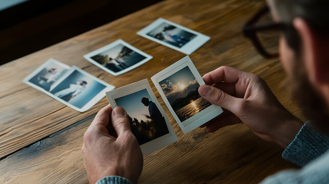 Man with nostalgic look reviews personal photo prints on wooden surface. Reliving past moments, memories, and experiences through tangible photographs.