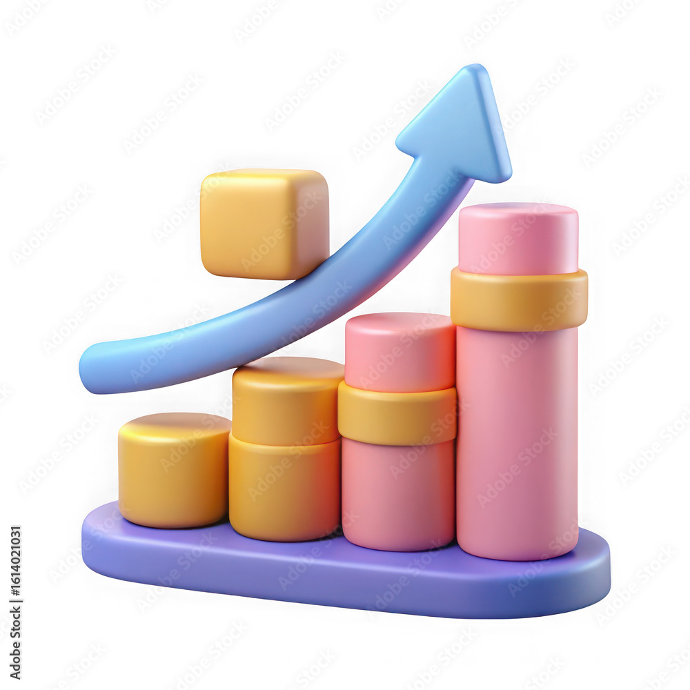 Poster 3d stylized bar chart with upward trend arrow isolated on transparent background