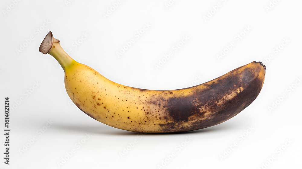 Poster a single banana on a white backdrop displays its aging process, with a gradient of yellow and brown 