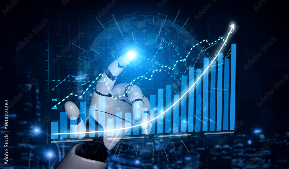 Poster a futuristic robot hand interacts with data visualizations on a digital display, symbolizing the int