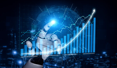 A futuristic robot hand interacts with data visualizations on a digital display, symbolizing the...