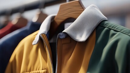 Close-up view of a colorful jacket hanging on a wooden rack, showcasing the details.