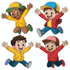 Four cartoon children joyfully jumping with arms raised wearing casual clothes and baseball caps in a group
