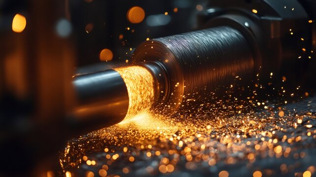 Industrial lathe turning metal, producing sparks in a metalworking factory