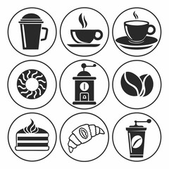 Coffee Shop Icons Drinks Beans Pastries and Grinders.