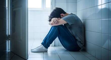 Struggling man sits in bathroom corner experiencing anxiety and depression during a quiet afternoon