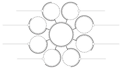 Minimalist monochrome vector infographic template with a central circle connected to eight outer circular elements. Perfect for illustrating 8-step processes, mind maps, radial charts