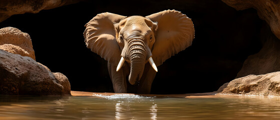 Majestic elephant at the edge of a cave, drinking from a tranquil pool