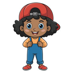 Illustration of a cheerful dark skinned girl with a red cap and blue overalls standing and smiling