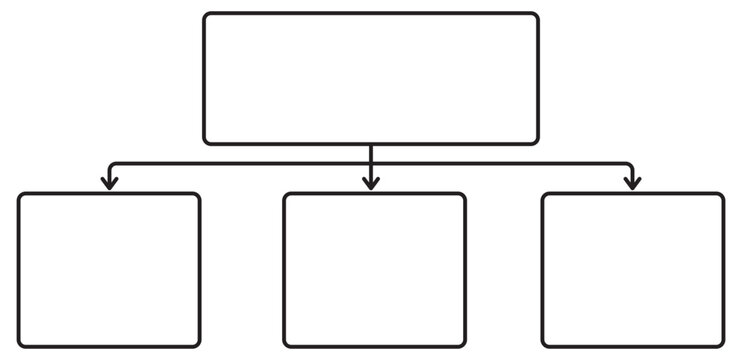 Minimalist vector template for hierarchy chart, flowchart, or business diagram on a transparent background. Clean black line style with one top block branching into three rectangular elements