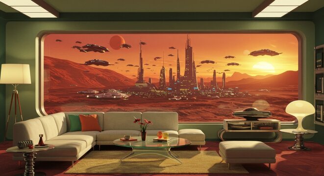 Futuristic living room with a window to an advanced martian city during sunset