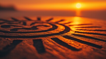 Sunrise Over Textured Landscape with Symbol