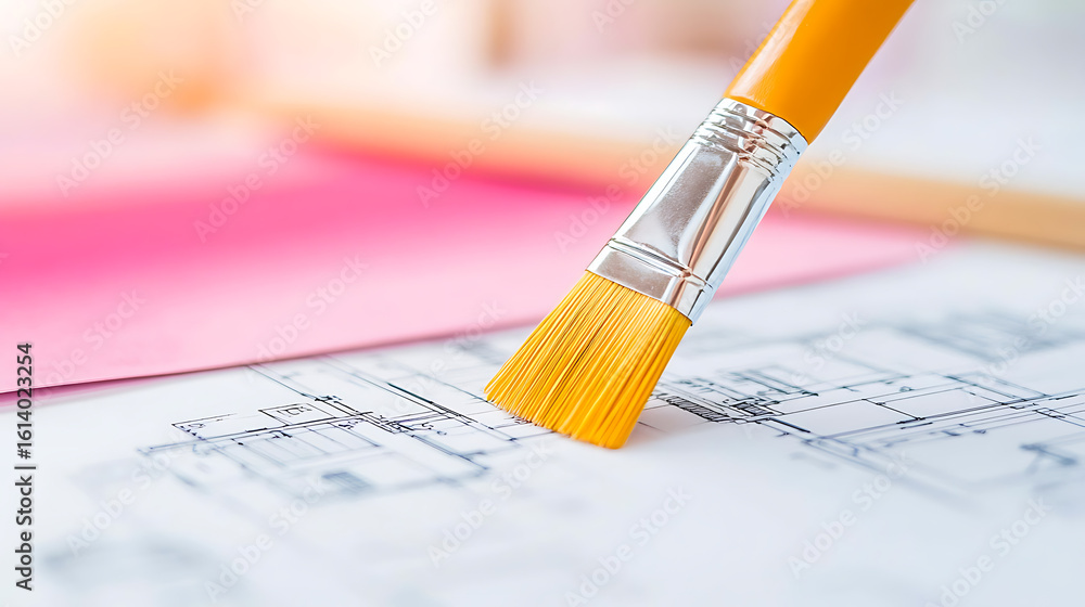 Poster architectural design: a blueprint overlaid with a yellow brush suggests a project in development, co