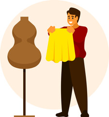 Tailoring studio concept with sewing machine, fabric, measuring tape, scissors, and tools representing fashion design, garment making, and custom clothing – flat vector illustration