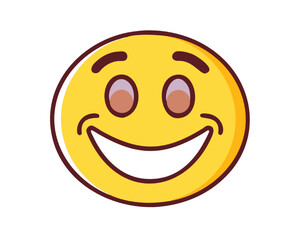 Fototapeta premium Happy face emoji with a wide smile. Cheerful yellow emoticon vector illustration on white.