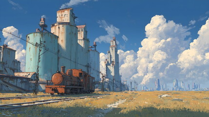 Industrial grain processing facility with silos and bright sky