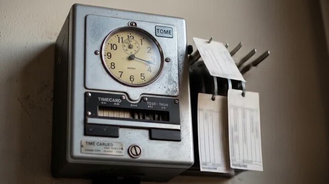 Vintage Time Clock Machine with Punched Time Cards in a Factory Setting