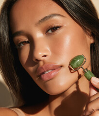 Young Asian woman massaging her face with a jade roller for skin care