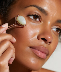 Young African American woman massaging her face with a stone roller for skin care