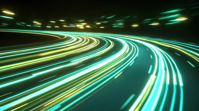 Abstract depiction of illuminated streaks representing high-speed movement along a road.