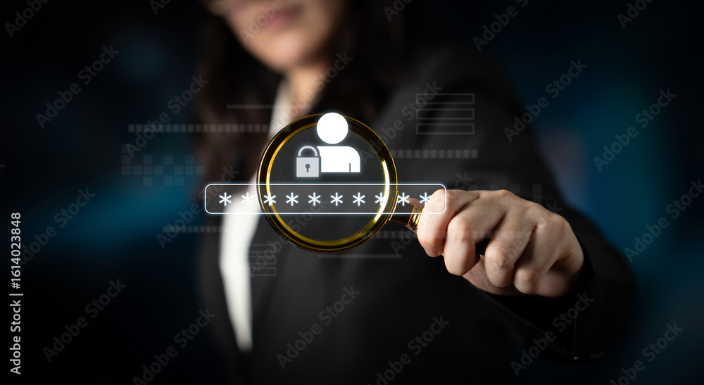 Poster user authentication and password protection concept showing secure login, privacy safeguard, data pr
