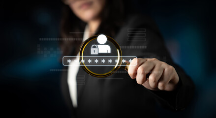 User authentication and password protection concept showing secure login, privacy safeguard, data...