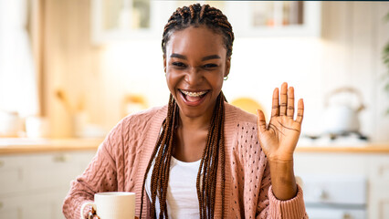 Cheerful Black Woman Having Video Conference, Making Web Call While Drinking Coffee In Kitchen,...