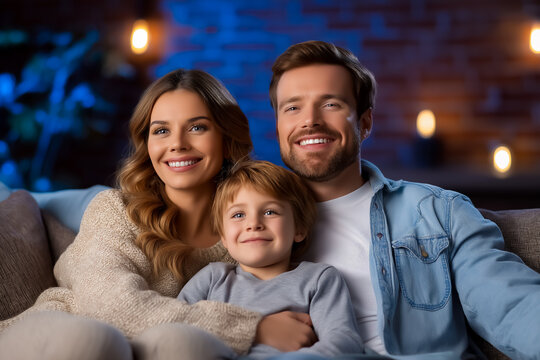 Family hugs on couch while watching glowing TV screen. Cozy dark room ambiance with soft lighting creates inviting space for relaxation. Concept of family time, home entertainment, lifestyle
