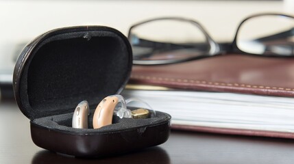 Hearing aids in a sleek case resting on a wooden table, accompanied by reading glasses and a notebook, illustrating modern assistive technology for enhanced communication