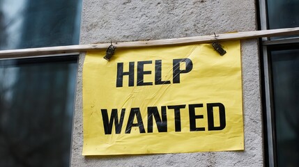 Help wanted sign displayed prominently on a yellow background, conveying a call for assistance in a business environment, attracting potential job seekers and creating urgency for hiring