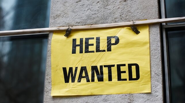 Help wanted sign displayed prominently on a yellow background, conveying a call for assistance in a business environment, attracting potential job seekers and creating urgency for hiring
