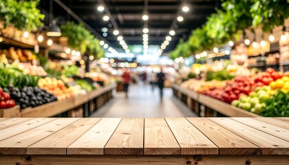 Wood table before blurred market fresh produce