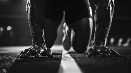 An athlete running on a track. Shot in black and white with motion blur emphasizing the speed of movement.