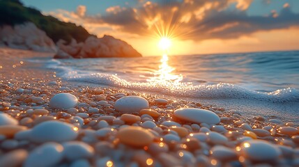 Obraz premium Pebbles on shoreline at sunset