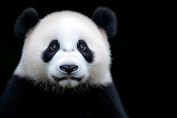 Obraz premium Giant panda portrait with striking black and white markings and focused gaze against a stark black background. Wildlife and nature photography.