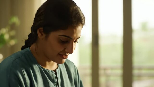 A happy Indian woman carefully folds a clean white sheet in her home with a gentle smile