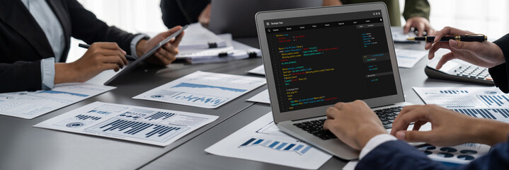 Software development programming on computer screen for brisk application and program coding