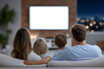 Family of four hugs closely on couch while watching captivating content on big TV screen. Dark cozy room setting with warm ambient lighting and evening atmosphere