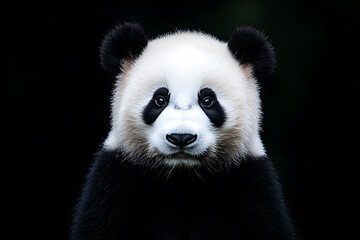 Obraz premium A close-up portrait of an adorable panda bear with its distinctive black and white fur, looking directly at the viewer against a dark backdrop.