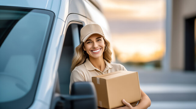 Delivery driver leans out of van window holding package with a warm smile. Beautiful golden sunset creates an inviting atmosphere, showcasing commitment to customer service