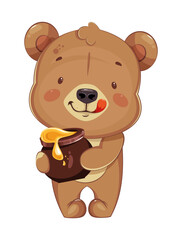 Funny cartoon bear with a pot of honey