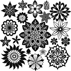 Collection of black and white floral designs and mandalas flower pattern