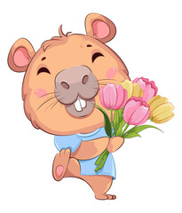 Cute cartoon capybara with a bouquet of tulips